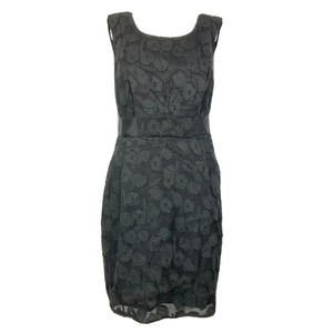 Max And Cleo Dress Womens Sz 4 Black Sheath Stretch Floral Lace‎ Overlay Belted